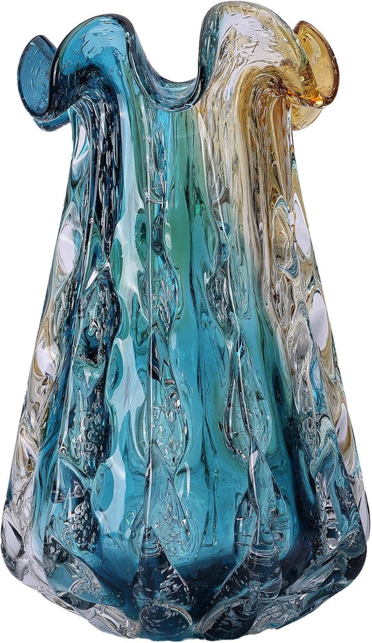 Hand Blown Glass Vase - Multi-Size Colorful Gradient Flower Vase for Centerpieces, Art Glass Home Decor & Living Room Table, Wedding and Office Centerpiece Floral Arrangements. (M)