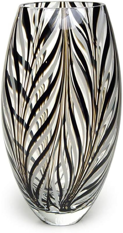 Murano Style Glass Vase Hand Blown Black and White Feather Pattern Effect