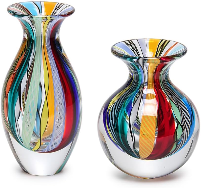 Murano Style Glass Vases Hand Blown Blue Canes Boho Effect Home Decor