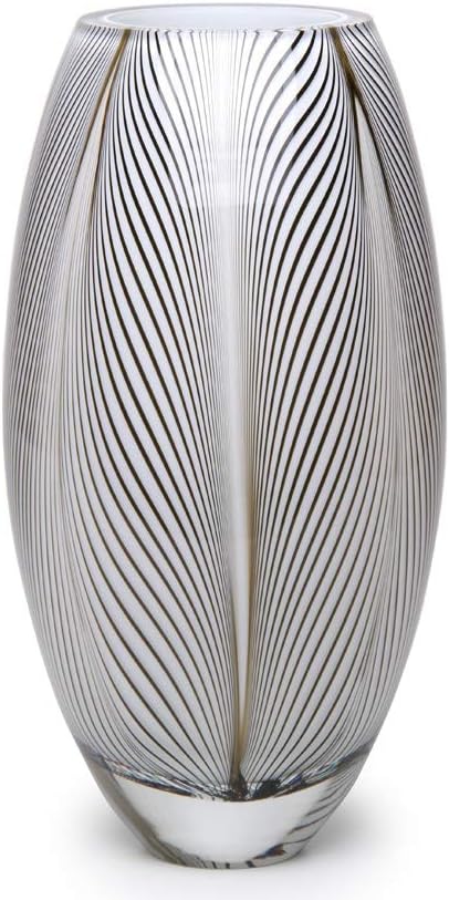 Murano Style Glass Vase Hand Blown Black and White Feather Pattern Effect