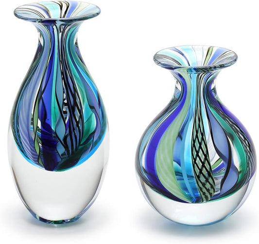 Murano Style Glass Vases Hand Blown Blue Canes Boho Effect Home Decor