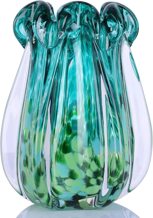 Hand Blown Glass vase, Gradient Blue and Amber Thick-Walled Decorative vase, Glass Art Wide-Mouth vase, Suitable for Living Room Coffee Tables, entryway Decor, Offices, and TV Cabinet Accents. (S)