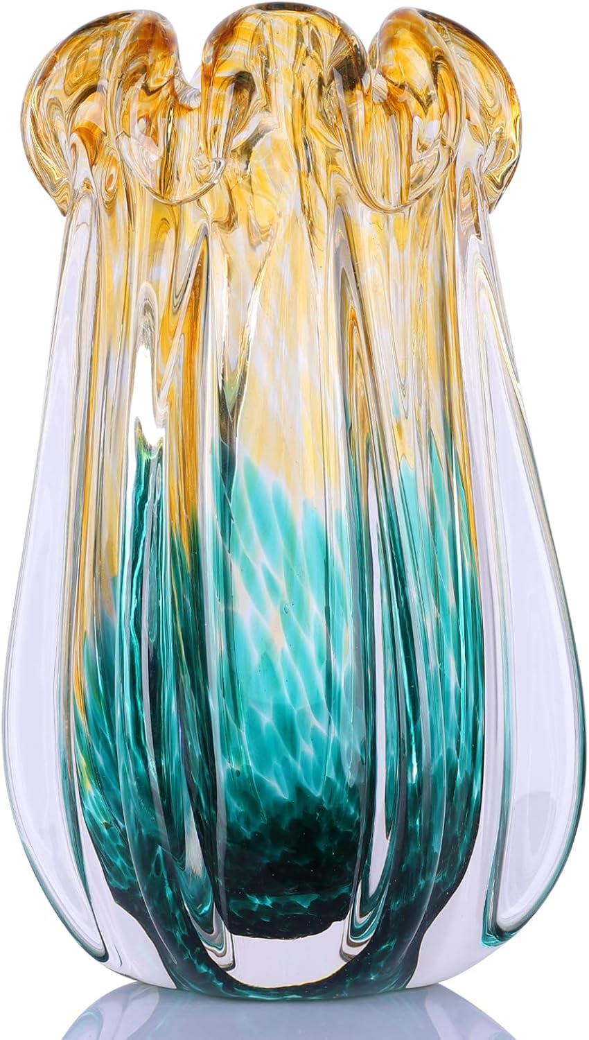 Hand Blown Glass vase, Gradient Blue and Amber Thick-Walled Decorative vase, Glass Art Wide-Mouth vase, Suitable for Living Room Coffee Tables, entryway Decor, Offices, and TV Cabinet Accents. (S)