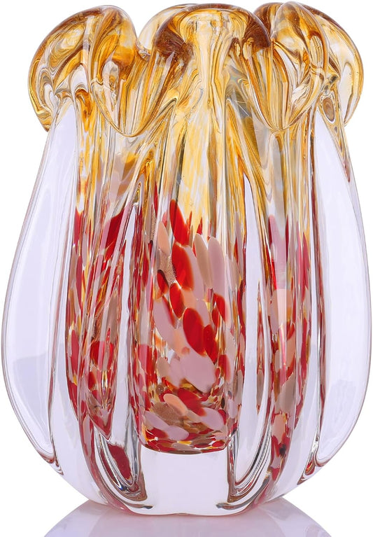 Hand Blown Glass vase, Gradient Blue and Amber Thick-Walled Decorative vase, Glass Art Wide-Mouth vase, Suitable for Living Room Coffee Tables, entryway Decor, Offices, and TV Cabinet Accents. (S)