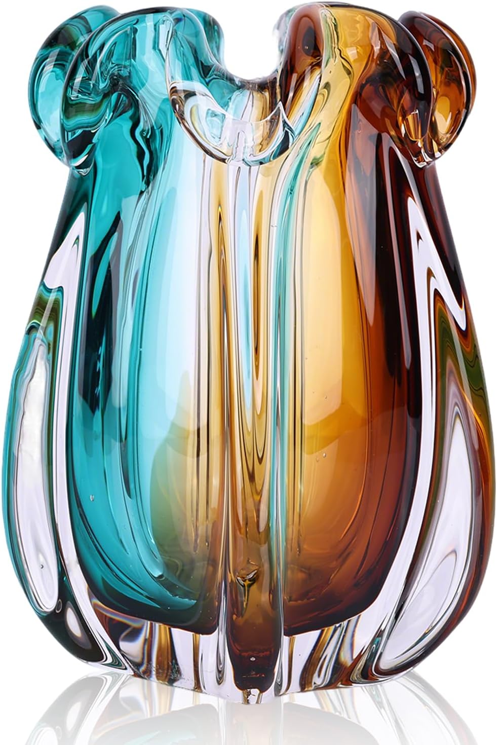 Hand Blown Glass vase, Gradient Blue and Amber Thick-Walled Decorative vase, Glass Art Wide-Mouth vase, Suitable for Living Room Coffee Tables, entryway Decor, Offices, and TV Cabinet Accents. (S)