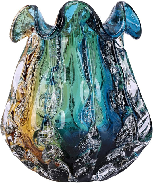 Hand Blown Glass Vase - Multi-Size Colorful Gradient Flower Vase for Centerpieces, Art Glass Home Decor & Living Room Table, Wedding and Office Centerpiece Floral Arrangements. (M)